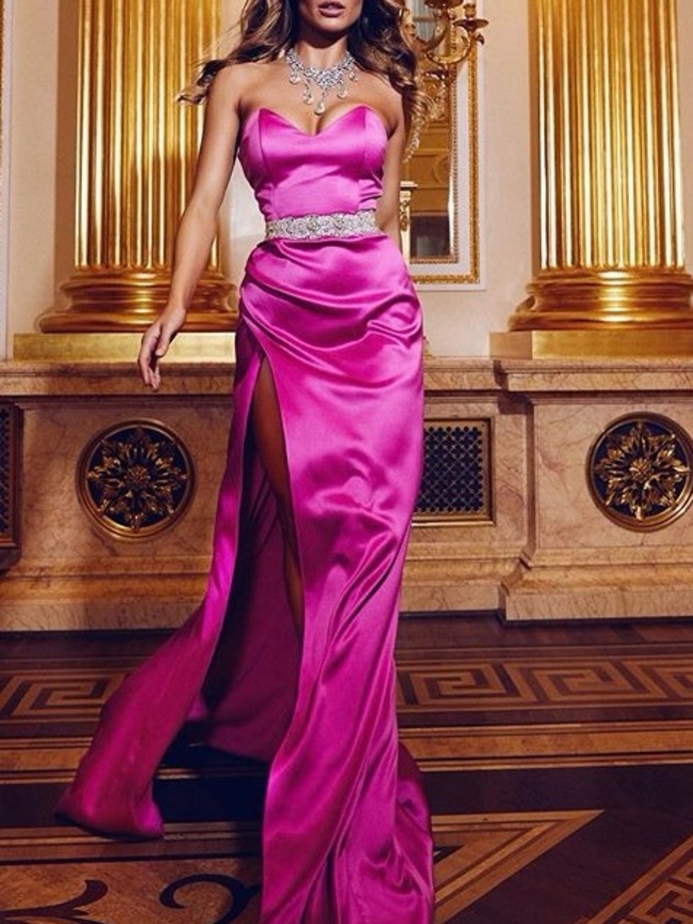 Strapless Hot Pink Satin Evening Gown with Embellished Waist